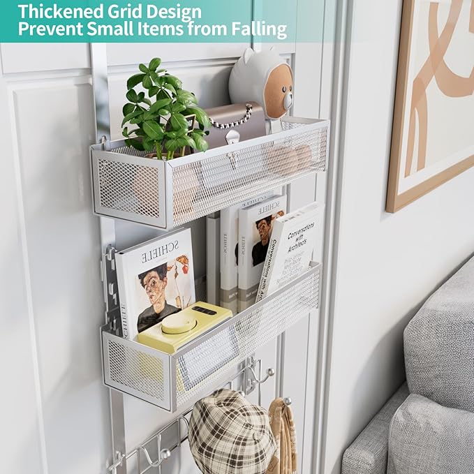 HapiRm Over The Door Hanger with Coat Hooks and 2 Baskets, Rustproof & Waterproof Over The Door Hooks, Storage Organizer for Hats, Bathroom, Kitchen, Bedroom-Silver (for 1.76in Doors)