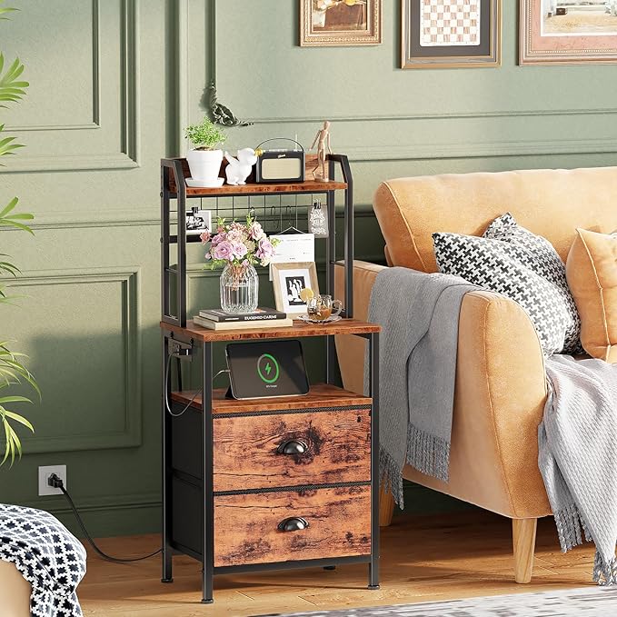 Furologee 40'' Tall Nightstand with Charging Station, Bedside Table with LED Lights, End Table with 2 Drawers and Storage Shelves, Night Stand with Pegboard for Bedroom, Rustic Brown