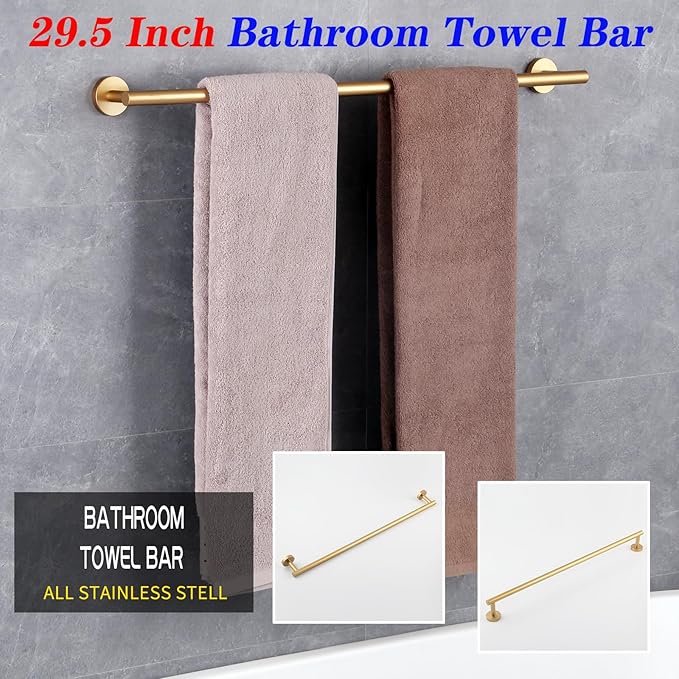 GERZWY Gold Towel Bar 30-Inch Stainless Steel Bathroom Towel Rail Wall Mounted Hand Towel Holder AG1101C75-BE