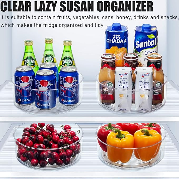 Tiblue Lazy Susan, 2 Pack Round Plastic Clear Rotating Turntable Organization & Storage Container Bins for Cabinet, Pantry, Fridge, Countertop, Kitchen, Spinning Organizer for Spices, Condiments