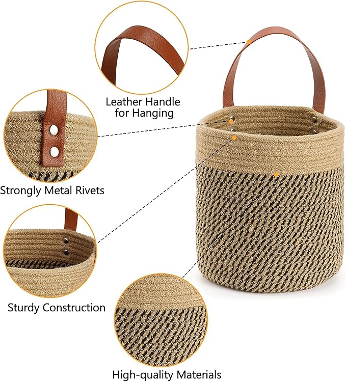 DULLEMELO Wall Hanging Storage Baskets 2 Pack 7"(D) x 8"(H), Small Woven Hanging Baskets With Sturdy Leather, Wall Door Hanging Organizer for Plants,Key,Sunglasses,Wallet (Jute&Black)-NeatNest