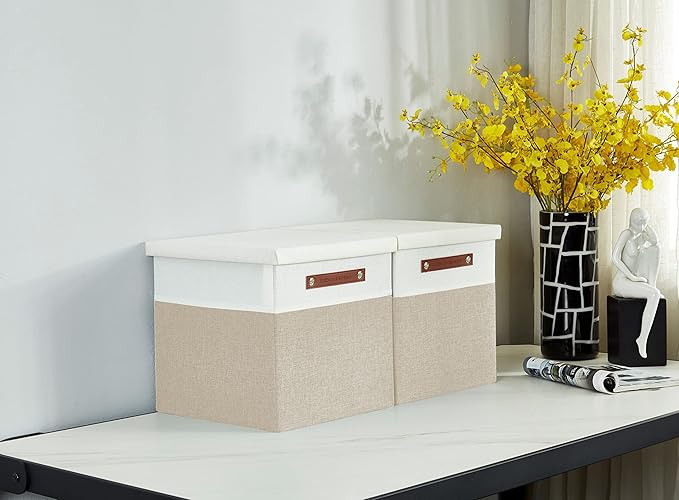 DECOMOMO Storage Basket with Lid, Storage Cubes with Handles, Fabric Box with Lid (Beige and White, 13” / 3 Pack)-NeatNest