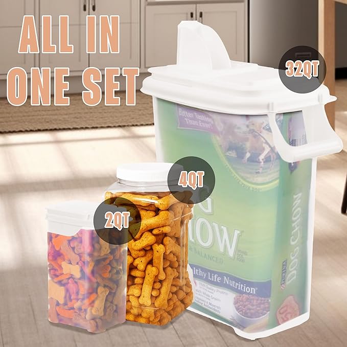 Buddeez Pet Food Storage Solution (Set of 3) - 32QT, 4QT & 2QT BPA-Free Containers with Scoop & Pour Spout for Dry Food, Treats, Chews, Made in USA-NeatNest