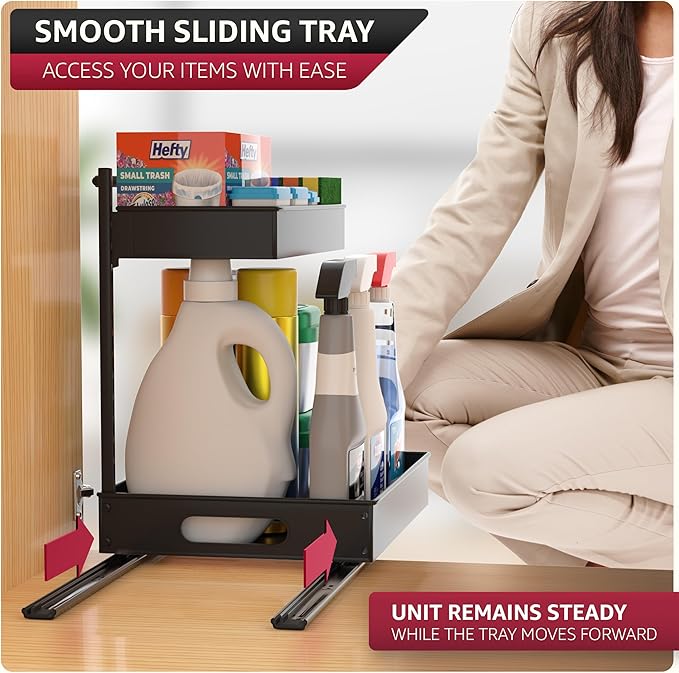 Sorbus Under Sink Organizer with Sliding Tracks – Pull Out Cabinet Organizer with Drawer & Installation Rails – Under Cabinet Bathroom Storage Organizer for Kitchen, Pantry, or Vanity –Black 2 Pack-NeatNest