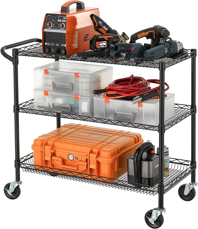 Finnhomy 3 Tier Heavy Duty Commercial Grade Utility Cart, Wire Rolling Cart with Handle Bar, Steel Service Cart with Wheels, Kitchen Carts on Wheels, Metal Cart Shelf Size 18" D x 36" W, NSF, Black
