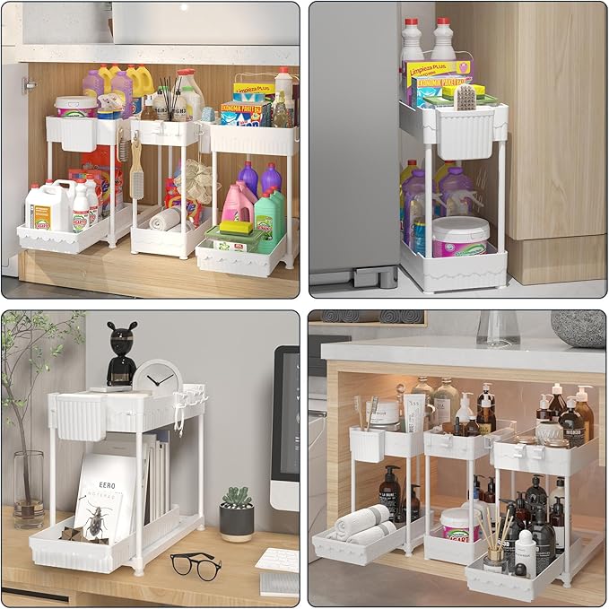 3 Pack Under Sink Organizers, 2-Tier Multi-Use Kitchen and Bathroom Organizers and Storage with Sliding Drawers，Bathroom Cabinet Organizer (White, 12.8 Inch)-NeatNest