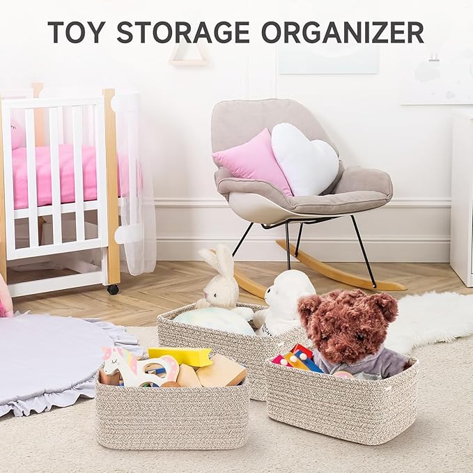 3-Pack Small Storage Baskets for Organizing | Woven Shelf Toy Basket | Rope Baskets for Gifts Empty | Closet Organizer Bins with Handles | Cube Decorative Box | 11.8×7.8×5.1” | Mixed brown-NeatNest