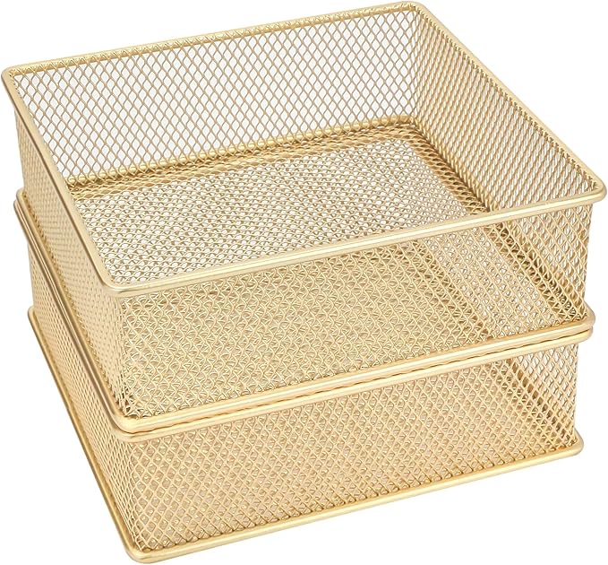 Annova Mesh Stackable Drawer Cabinet and Shelf Organizer Bins Storage Basket School Office Supply Holder Tray- Set of 2 (Gold, 6x6x2 Inch)-NeatNest