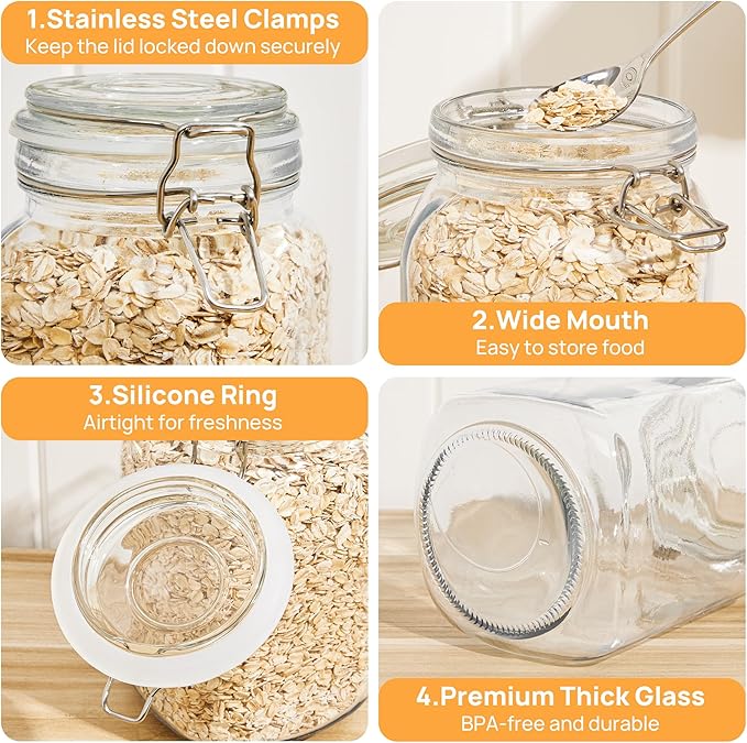 CHEFSTORY 50oz Airtight Glass Jars with Lids, 3 PCS Food Storage Canister for Kitchen & Pantry Organization, Square Mason Jar Containers for Storing Sugar, Flour, Cereal,Coffee,Cookies-NeatNest