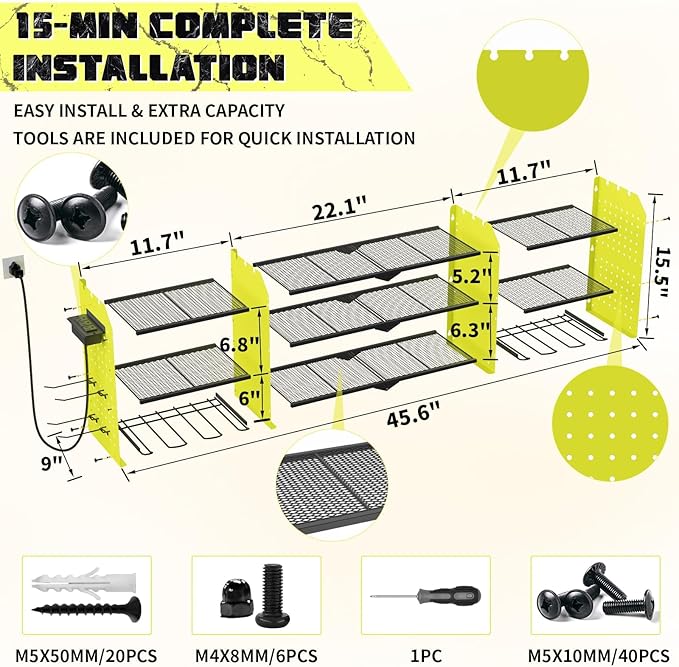 45" Large Power Tool Organizer Wall Mount with Charging Station - 3 Layer Storage Racks with 8 Cordless Drill Holder, 4 Hooks, Heavy Duty Garage Tool Organizer Storage for Workshop Pegboard Basement