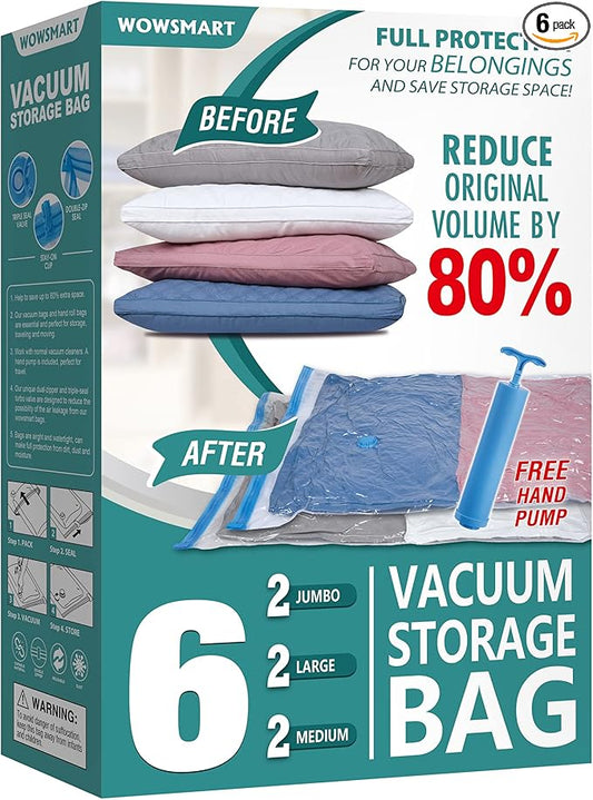 6 Pack Vacuum Storage Bags with Hand Pump, 80% Space Saver Vacuum Seal Storage Bags for Clothing, Travel Lugggage, Blankets, Comforters