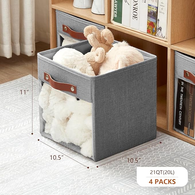 Storage Cube Organizer with Clear Window, Linen Collapsible Storage Boxes with PU Handles, Cube Storage Bins for Shelf, Closet, Cabinet, Bookcase (10.5x10.5x11, Gray)-NeatNest