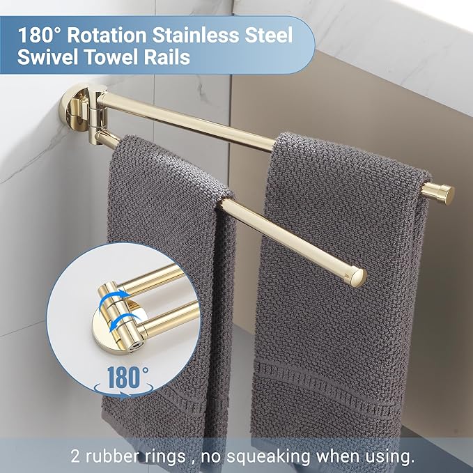 BGL Swivel Towel Bar for Bathroom Gold,Swing Out Double Towel Bar 2-Arm Kitchen Wall Mounted Towel Hanger Holder for Bathroom Organizer-NeatNest