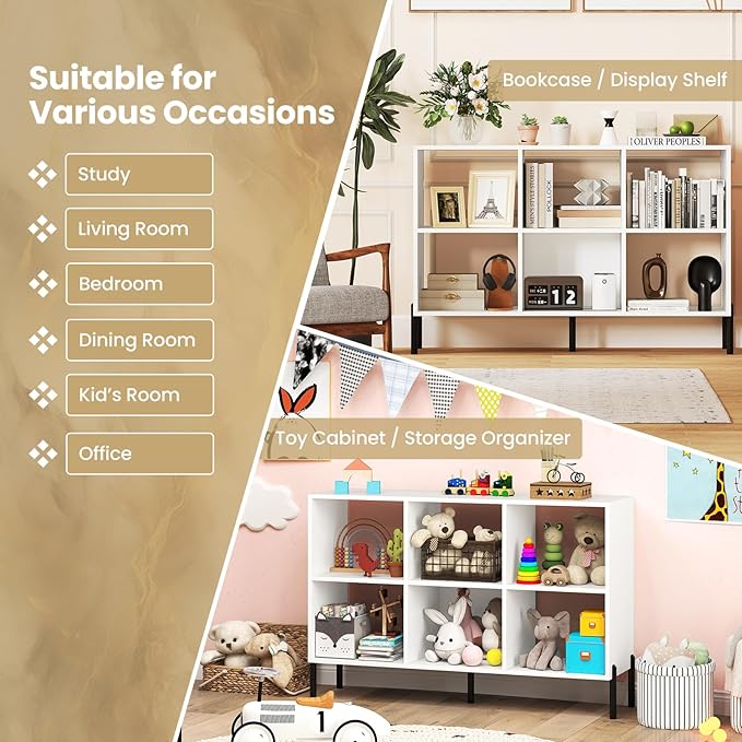 6 Cube Bookcase, Wood Storage Organizer with 5 Metal Legs, Bookshelf with Storage, Cubical Storage Shelf, Wooden Book Shelf, Display Shelves for Bedroom, Living Room, Entryway (White)
