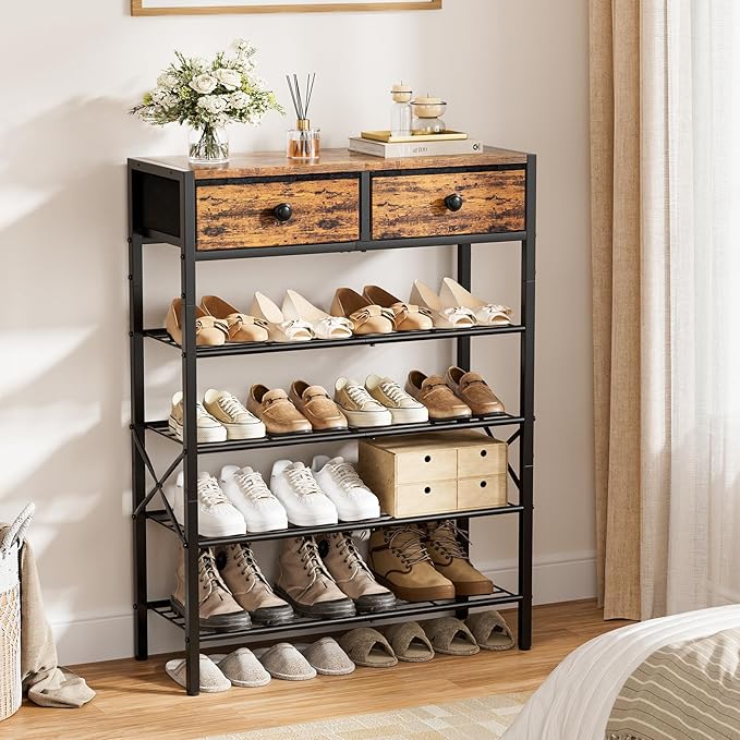 Shoe Rack for Entryway, 5 Tier Shoe Organizer with 2 Non-woven Drawers, Metal Storage Shoe Shelf for 16-20 Pairs of Shoes, with Wooden Top and Steel Frame, Shoe Stand for Closet Rustic Brown-NeatNest