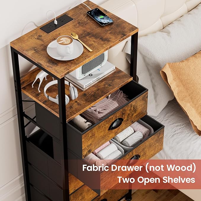 5 Drawers Dresser with Charging Station & Voice-Controlled LED Light, Tall Night Stand with 3 Lighting Modes, Bedside Table with Tamper-Resistant Outlets, USB Type C Port, Dresser for Bedroom