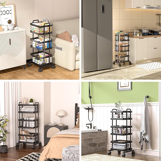 CHPHI 3 Tier Rolling Utility Cart Organizer, Stable and Sturdy Black Rolling Storage Carts with 2 Lockable Wheels, Multifunctional Storage for Kitchen, Bathroom & Laundry