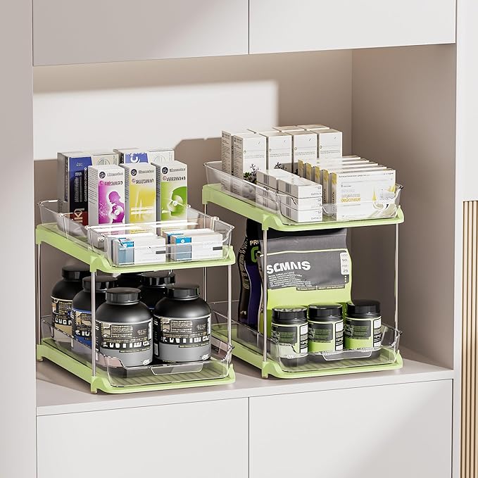 Delamu 2 Sets of 2-Tier Multi-Purpose Bathroom Under Sink Organizers and Storage, Stackable Kitchen Pantry Organization, Pull Out Medicine Cabinet Organizer with 8 Movable Dividers, Green-NeatNest