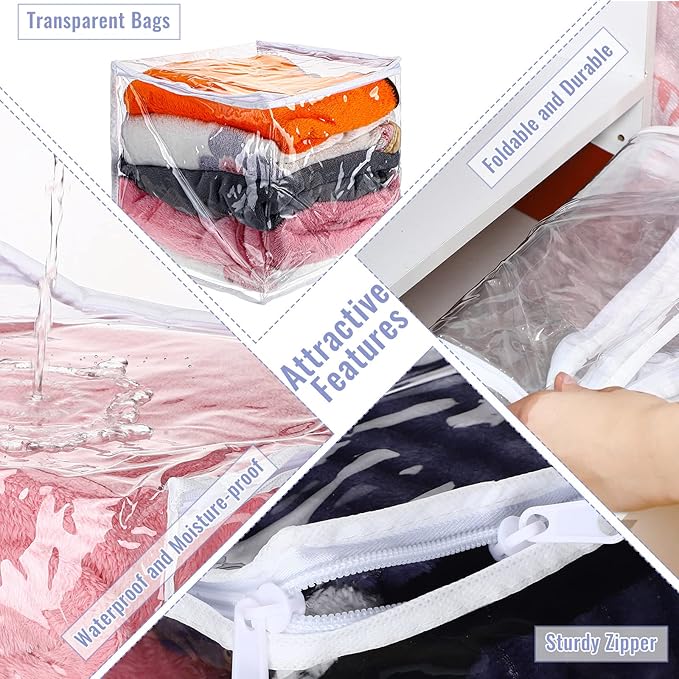 6 Packs Clear Zippered Storage Bags Sweater Moth Bags Plastic Storage for Blankets Clothes Bed Sheet Organizer with Zipper for Closet Linen Sweater Bed Sheet Clothes Pillow(12 x 12 x 12 Inch)