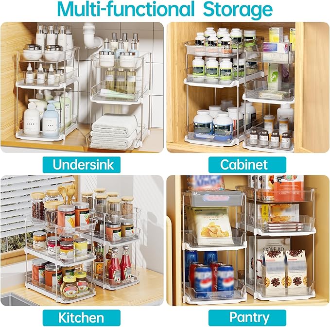 Delamu 2 Sets of 3-Tier Bathroom Under Sink Organizers and Storage, Multi-Purpose Stackable Pantry Organization and Storage, Pull Out Clear Kitchen Bathroom Cabinet Organizer with Movable Dividers-NeatNest