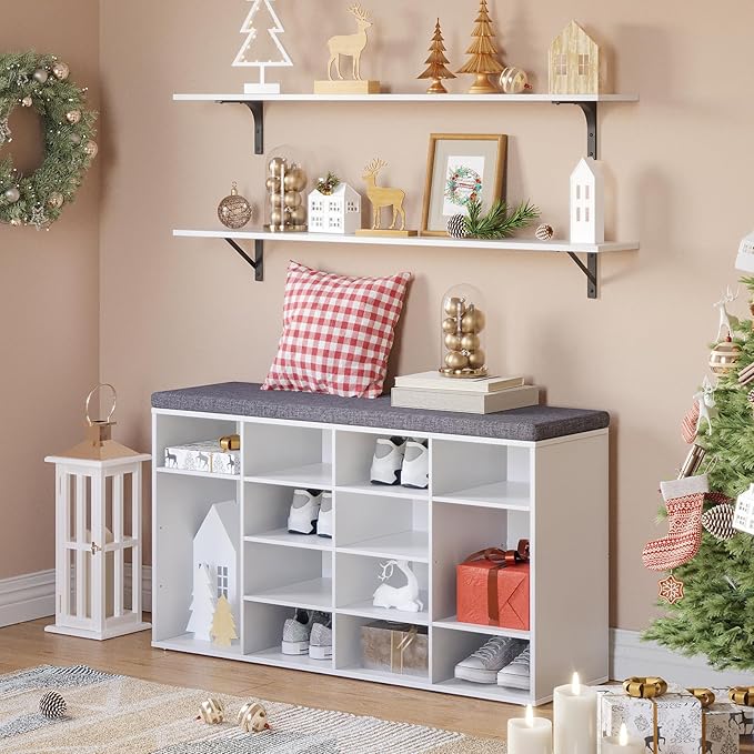 DINZI LVJ Shoe Storage Bench with Cushion, 14-Cubby Shoe Rack, Adjustable Shelves, Multifunctional Shoe Organizer Bench for Entryway, Mudroom, Hallway, Living Room, Bedroom and Garage, White-NeatNest