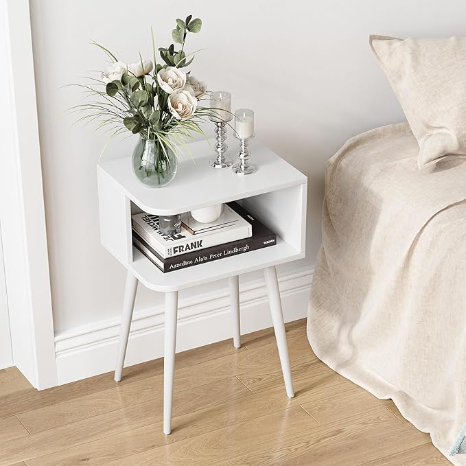 White Nightstand Set of 2, Small Bed Side Table for Small Spaces, Mid Century Modern Nightstand End Table with Open Storage, Side Table for Bedroom Living Room, MLBZ20W-2