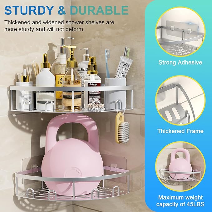Corner Shower Caddy, 2 Pack Adhesive Bathroom Shower Corner Organizer Shelf, No Drilling Rustproof Wall Mounted Shower Storage Rack Shampoo Holder Organizer (Silver)