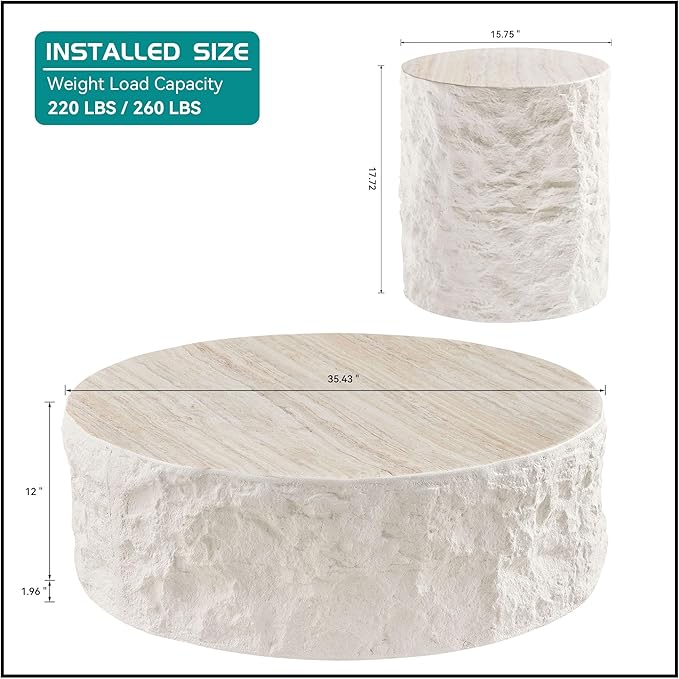 kevinplus Round Coffee Table Side End Table Set of 2 for Living Room, Modern Faux Stone Style, Fiberglass Material, No Assembly (Beige, 2-Pcs)