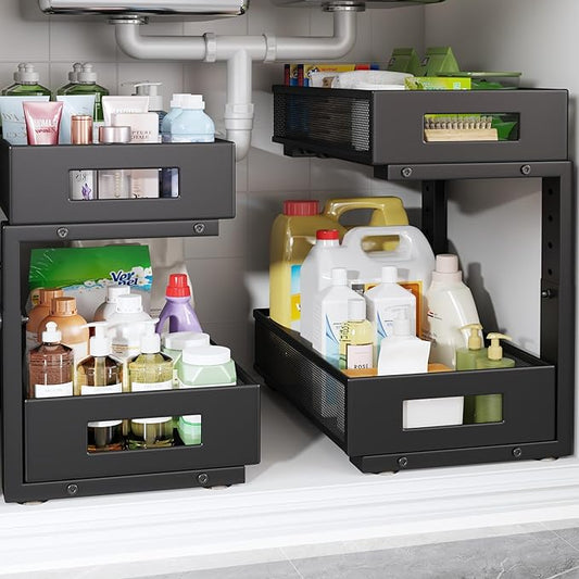 2-Pack Under Sink Organizers And Storage,Large Capacity 2-Tier Pull-Out Cabinet Organizer With Upgraded Tube Rails,Adjustable Height Sliding Drawers,Sturdy Mesh Shelves For Kitchen&Bathroom-Black-NeatNest