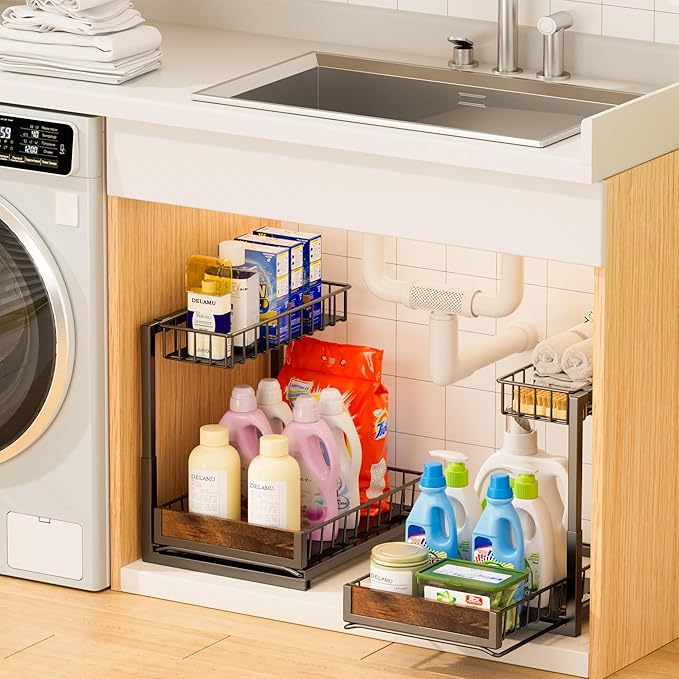 Delamu 2 Pack Under Sink Organizer and Storage, Height Adjustable Under Kitchen Sink Organizer, 2 Tier Pull Out Under Cabinet Organizer, Black Under Counter Storage for Kitchen Bathroom-NeatNest