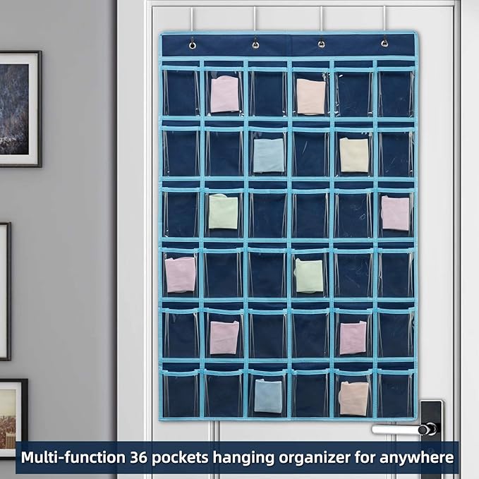 36 Clear Pockets Classroom Pocket Chart for Cell Phone and Calculator Holder, Door Hanging Pocket Chart for Classroom Phone Holder with Number Sticker and Hooks (Blue)-NeatNest