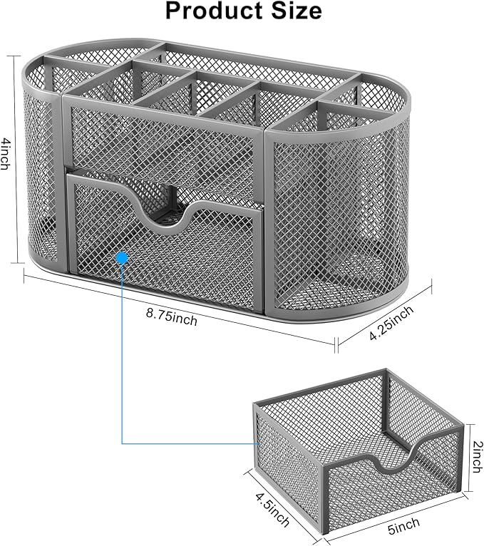 EasyPAG Mesh Desk Organizer, Multi-functional Stationery Organizer for School Supplies, Office Pen Holder for Desk, 9 Compartments Dorm Organization with Drawer, Silver