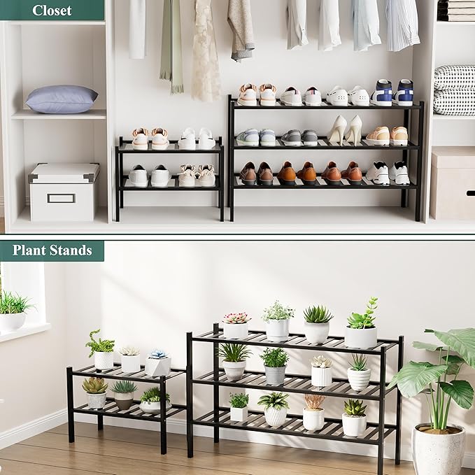 Smiry Shoe Rack, 2 Tier Small Bamboo Shoe Organizer, Stackable Free Standing Wooden Shoe Storage Shelf for Closet, Entryway, Front Door Entrance, Black-NeatNest