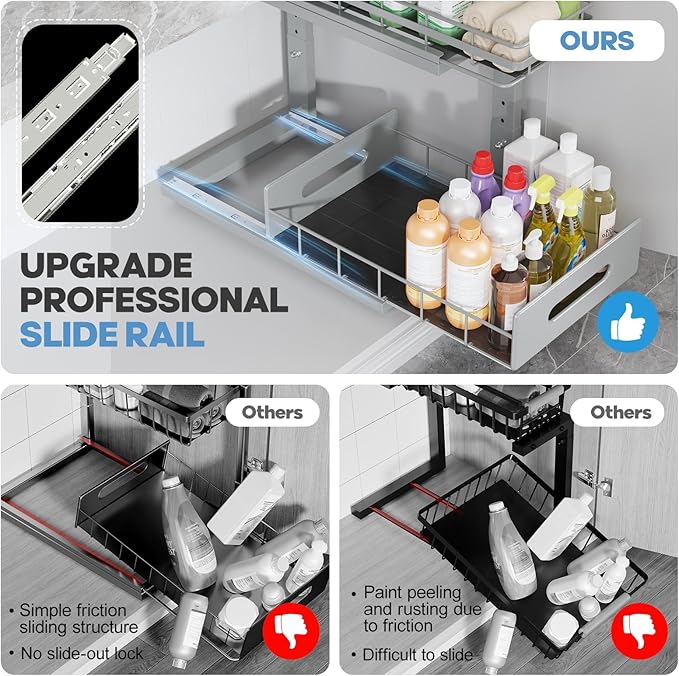 1 Pack Under Sink Organizer Upgrade to Professional Rails,2-Tier Dual Pull Out Cabinet Storage,Height Adjustable Slide Out Drawers for Bathroom Kitchen,Under Sink Shelf-Gun Gray-NeatNest