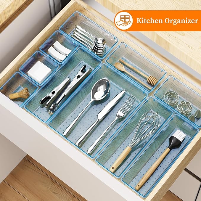 32 PCS Clear Plastic Drawer Organizer Set, 4-Size vanity organizer Trays and Storage Bins for Makeup, Jewelry and Gadgets in Bedroom, Bathroom and Office, Clear Sea Blue-NeatNest