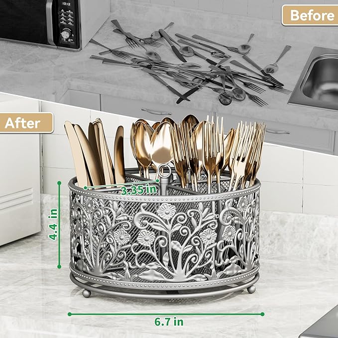 360° Rotating Utensil Caddy - Silverware Cutlery Caddy Holder with 4 Compartment, Metal Flatware Organizer Countertop with Handle for Party Camping Picnic, Kitchen Counter, Office (Silver)-NeatNest