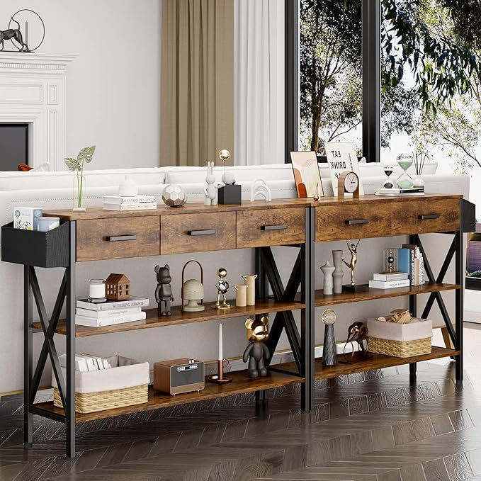 Gizoon 47" Entryway Table with 3 Drawers and 3 Tier Storage Shelves, Industrial Narrow Long Sofa Table, Farmhouse Style Console Table for Living Room, Hallway, Couch, Small Spaces - Rustic Brown-NeatNest