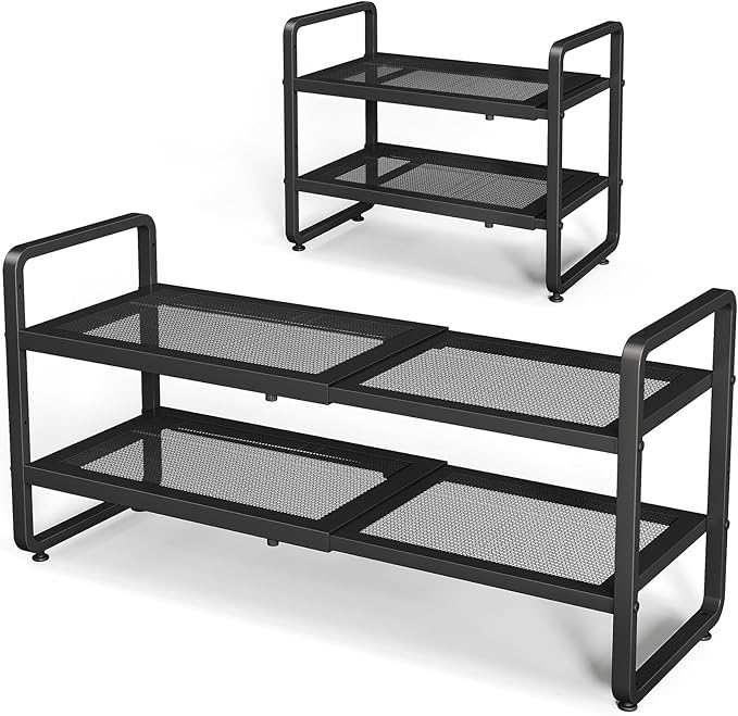 Shoe Rack - Expandable Shoe Organizer for Closet, Adjustable Metal Shoe Shelf Storage, 2 Tier Stackable Long Shoe Stand Holder for Garage, Entryway, Door Entrance, Black-NeatNest