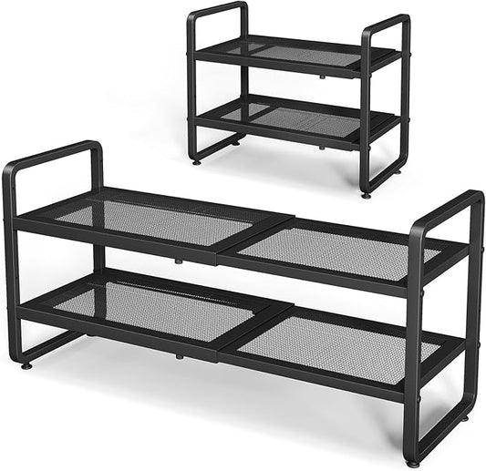 Shoe Rack - Expandable Shoe Organizer for Closet, Adjustable Metal Shoe Shelf Storage, 2 Tier Stackable Long Shoe Stand Holder for Garage, Entryway, Door Entrance, Black-NeatNest