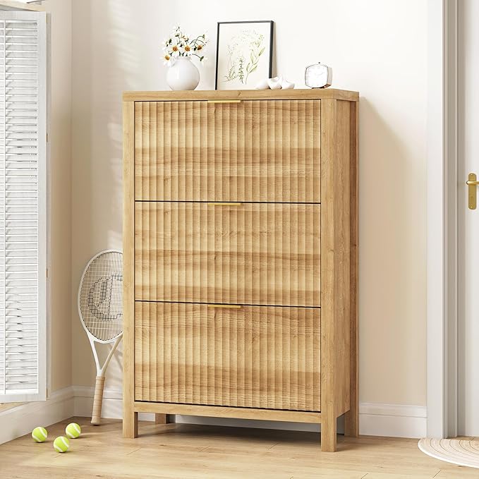 Shoe Cabinet Storage for Entryway, Fluted Shoe Cabinet with 3 Flip Drawers, Hidden Shoe Rack Tall Freestanding Shoe Organizer with Legs for Hallway, Wood-NeatNest