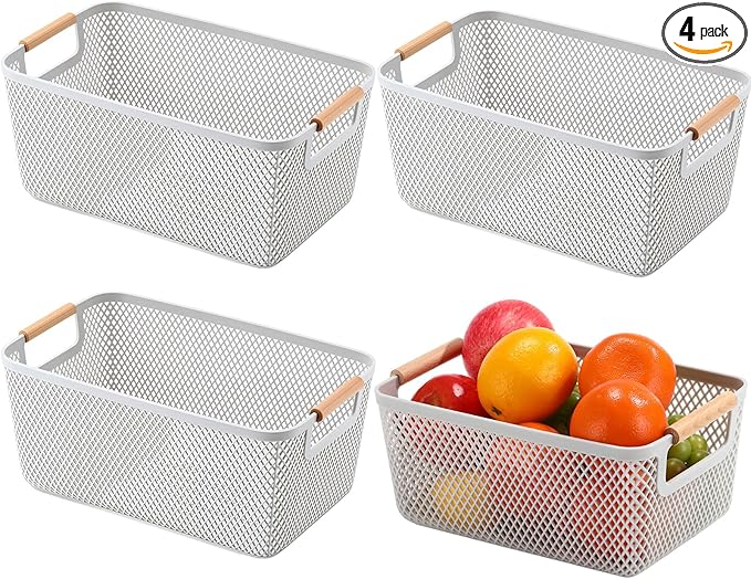 4 Pcs Plastic Mesh Baskets with Handles - Mesh Storage Organizer Bin Container Baskets for Home Organizing Pantry Closet Cabinet Kitchen Fridge Fruit Snacks Gifts, Grey (Large)