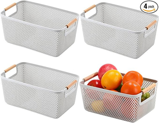 4 Pcs Plastic Mesh Baskets with Handles - Mesh Storage Organizer Bin Container Baskets for Home Organizing Pantry Closet Cabinet Kitchen Fridge Fruit Snacks Gifts, Grey (Large)