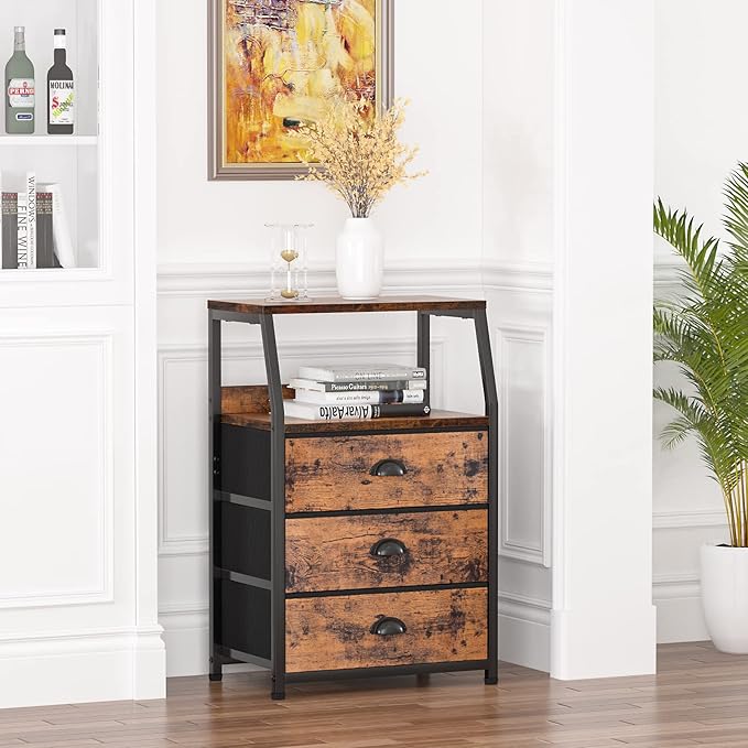Furnulem Nightstand with 3 Drawers and 2-Tier Shelf, Fabric Small Dresser Organizer Vertical Storage Tower for Bedroom, Closet, Hallway, Nursery, End Table Side Furniture, Sturdy Steel Frame, Wood Top-NeatNest