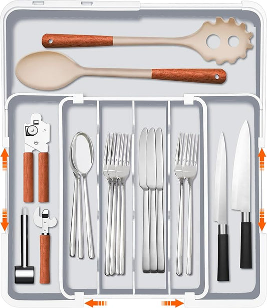 Homecor Kitchen Drawer Organizer, Expandable Silverware Drawer Organizer, Adjustable Utensil Organizer Tray, Cutlery Organizer for Forks, Knives, Kitchen Organizers and Storage, Grey-NeatNest