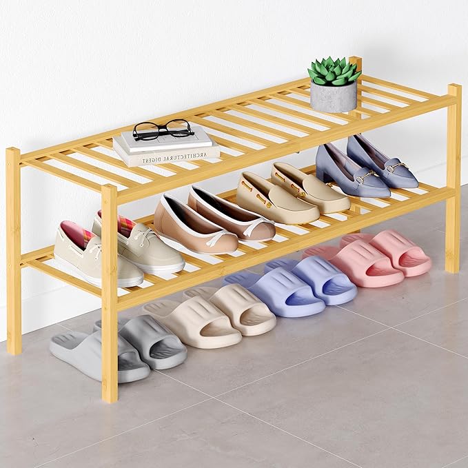 Smiry Bamboo Shoe Rack for Closet, 2 Tier Long Wooden Stackable Shoe Organizer, Free Standing Shoes Storage Shelf for Entryway, Front Door Entrance, Natural-NeatNest