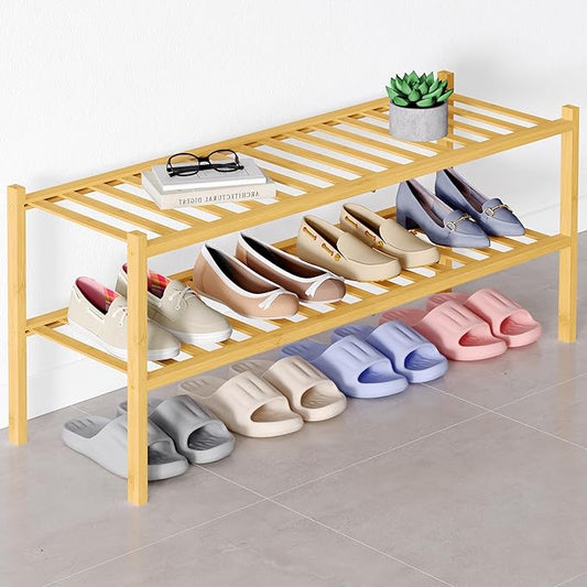 Smiry Bamboo Shoe Rack for Closet, 2 Tier Long Wooden Stackable Shoe Organizer, Free Standing Shoes Storage Shelf for Entryway, Front Door Entrance, Natural-NeatNest
