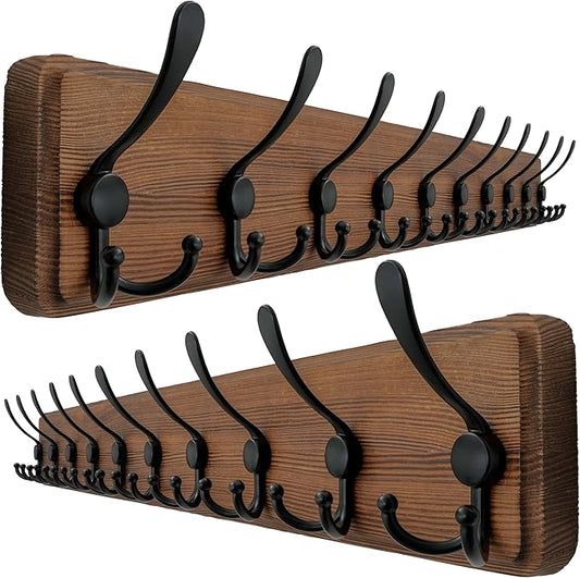 Dseap Coat Rack Wall Mounted - 10 Tri Hooks, 38-1/4" Long, Heavy Duty Wooden Wall Coat Hanger Coat Hook for Clothes Hat Jacket Clothing, Natural & Black, 2 Packs