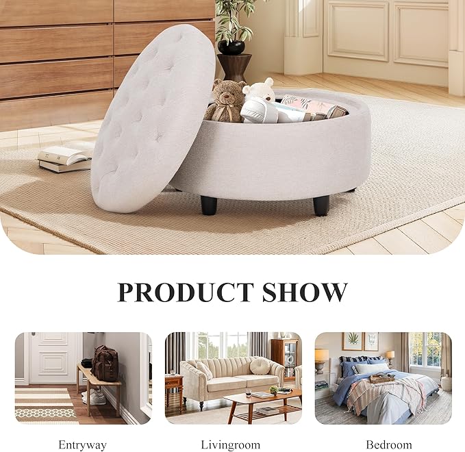 COLAMY Fabric Round Storage Ottoman with Reversible Tray Lid – Multi-Functional Footrest, Hidden Storage, Sturdy & Stylish Small Coffee Table for Living Room, Bedroom, or Entryway(Beige)-NeatNest