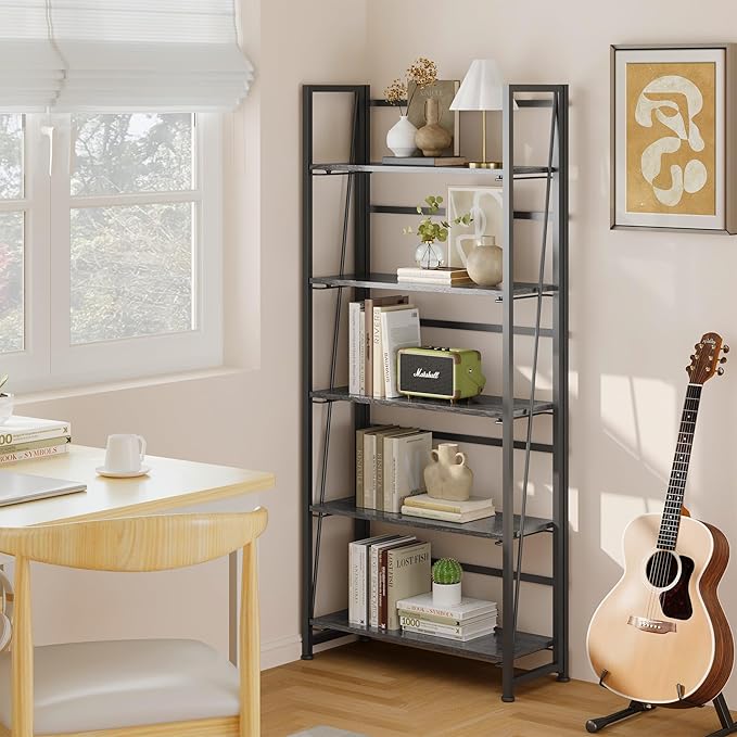 BHG Vintage Multifunctional Folding Bookshelf, No-Assembly Plant Stand Storage Rack Shelves for Home Office (Gray, 5-Tier)-NeatNest