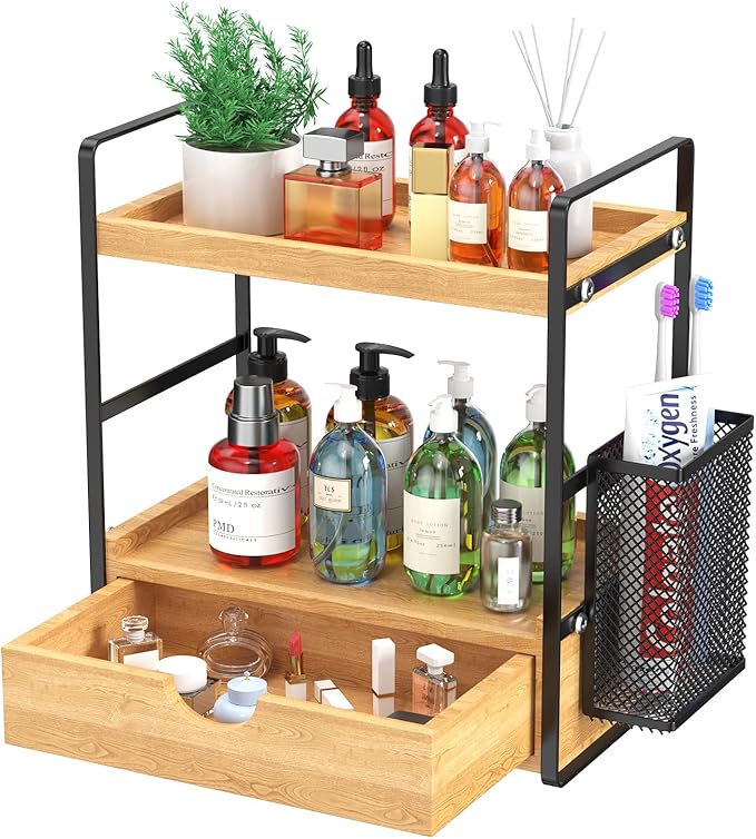 LEMIKKLE 2-Tier Bathroom Organizer with Drawers and Baskets, Multi-Purpose Makeup Organizer Countertop, Large Skincare Organizers, Exquisite Vanity Organizer,Wood-NeatNest